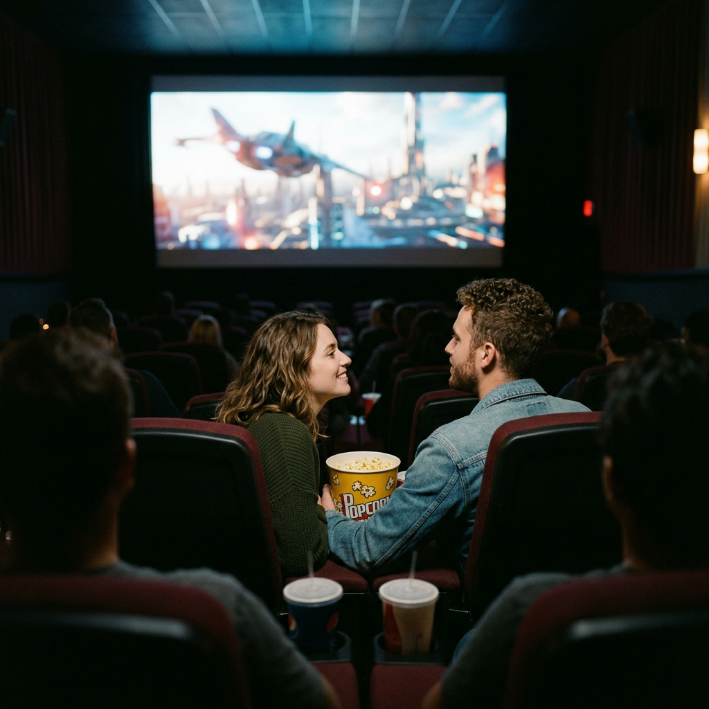 Couple sitting close in a movie theater sharing popcorn and smiling